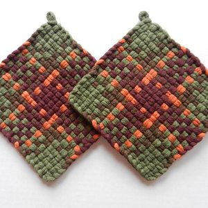 Set of 2 Handmade Artisan Woven Loomed Cotton Hunter Potholders Hot Pads Trivets